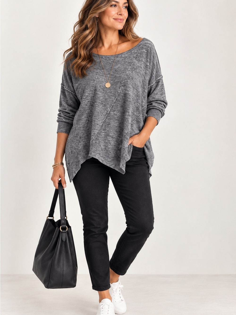 Eileen Fisher 100% Linen Gray Asymmetrical Top Medium Oversized Lagenlook